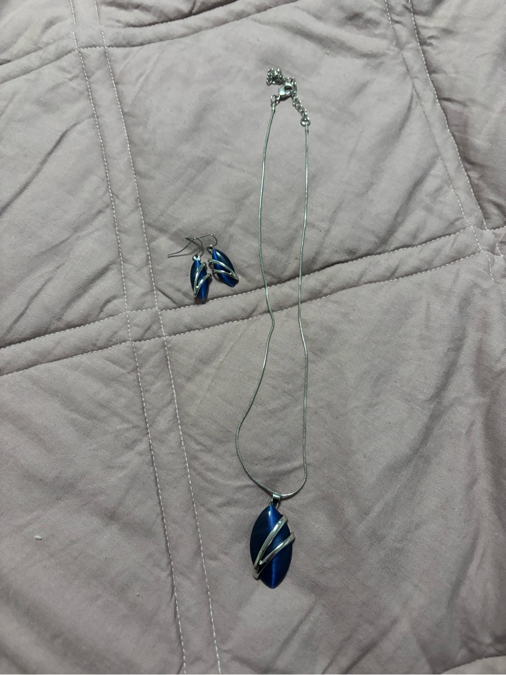 Blue stone Pendant Necklace and Earrings Set